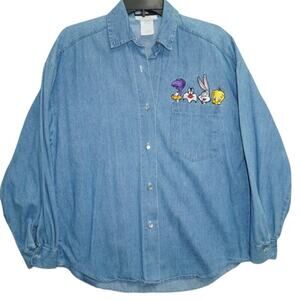 Vintage 1992 Looney Tunes Denim Shirt XL Bugs Bunny Tweety Sylvester Road Runner